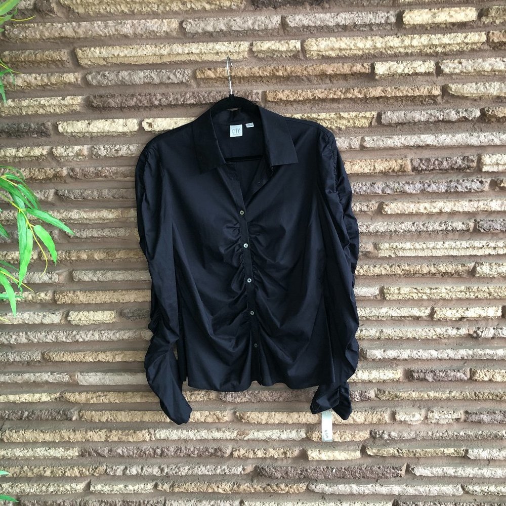City DKNY Black Gathered Front and Sleeves Long Sleeve Blouse NEW $98